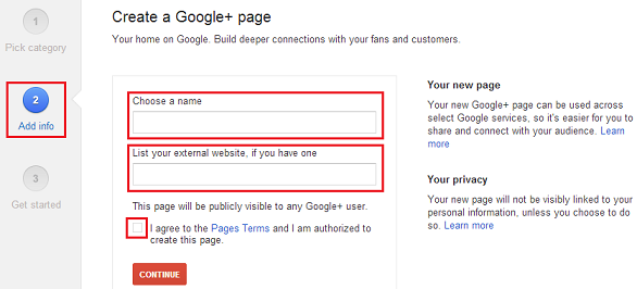 adding the information for your google+ page
